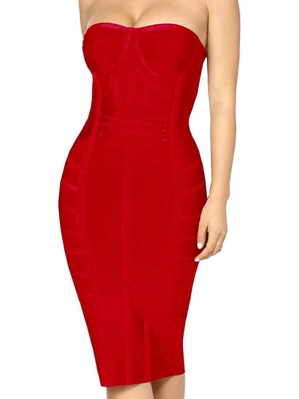 Strapless Red Bodycon Midi Dress
